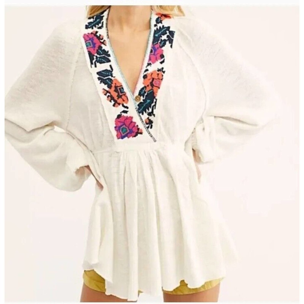 Free People Aztec White Embroidered Tunic Top Boho Hippie Waffle Thermal Large
